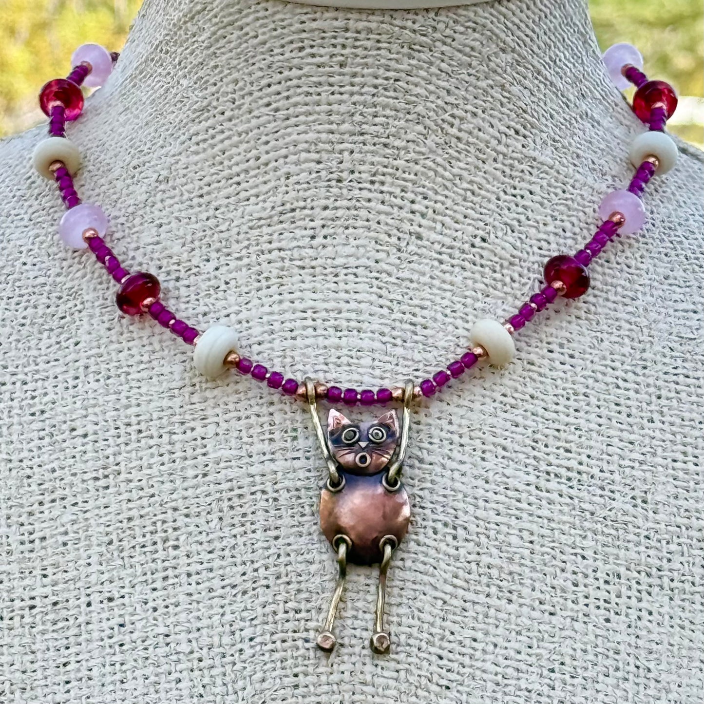 Whimsical Copper Cat Necklace with Artisan Glass