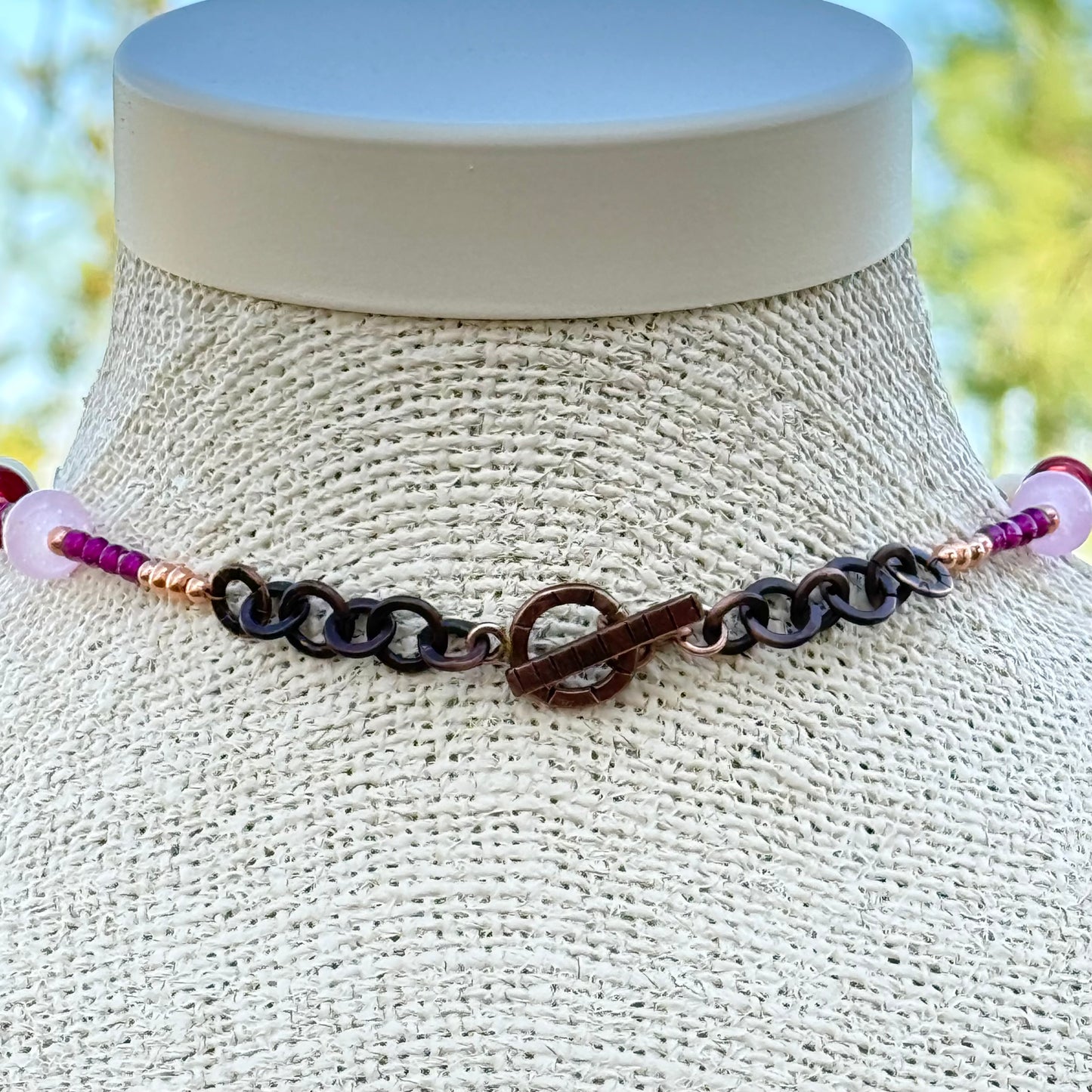 Whimsical Copper Cat Necklace with Artisan Glass