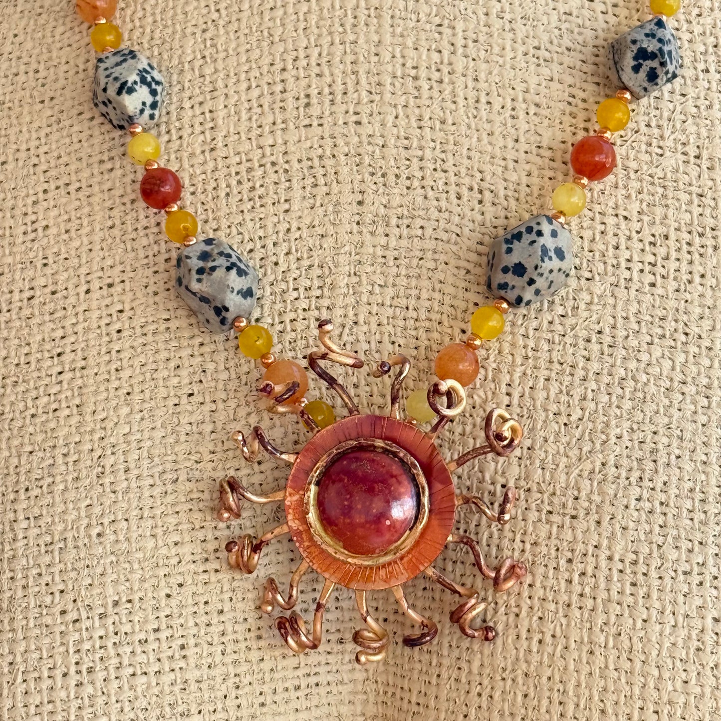 Copper Sunburst Necklace with Yellow Jade, Carnelian, and Jasper