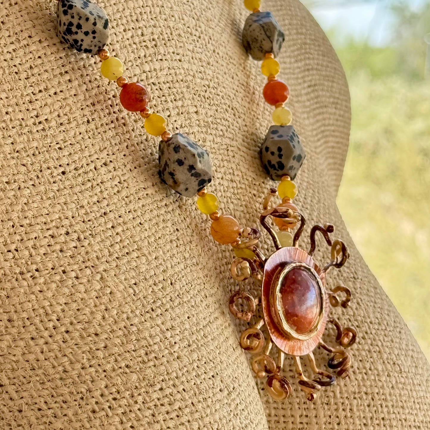 Copper Sunburst Necklace with Yellow Jade, Carnelian, and Jasper