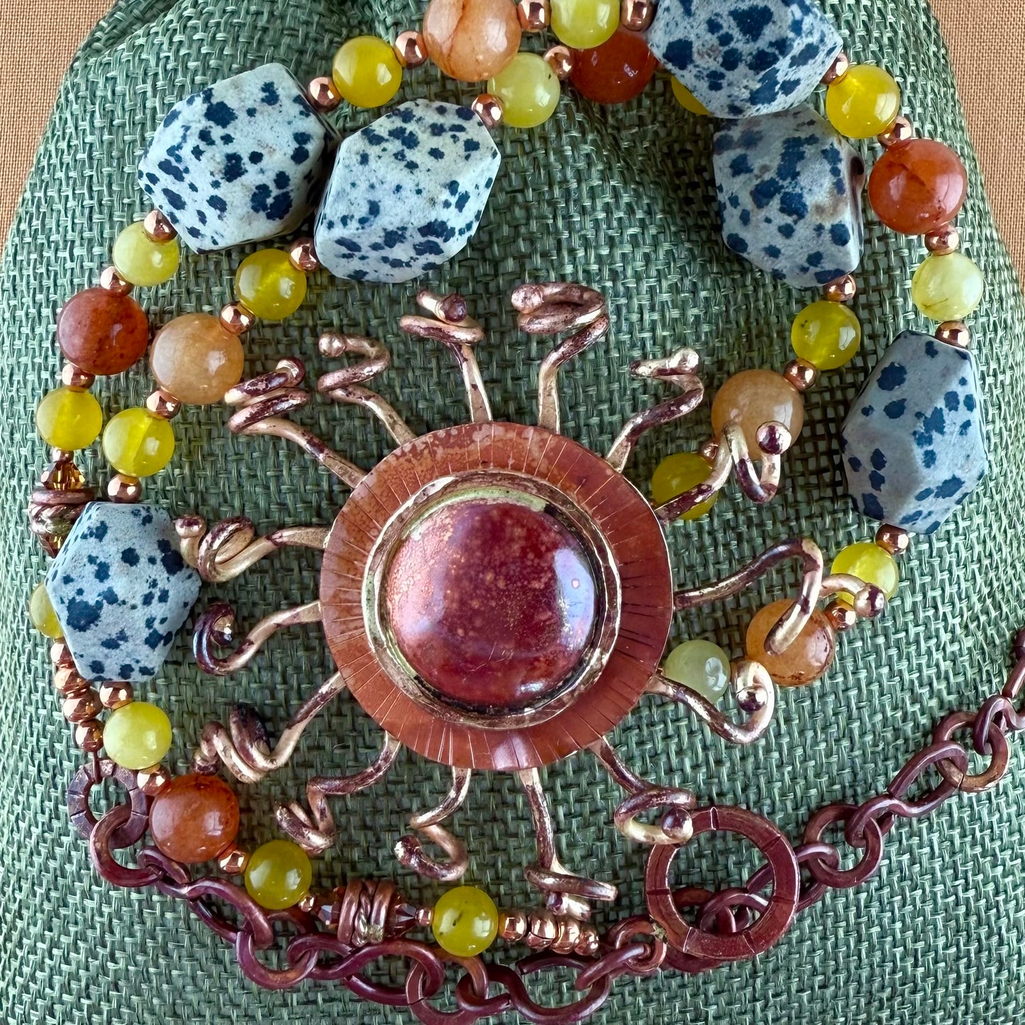 Copper Sunburst Necklace with Yellow Jade, Carnelian, and Jasper