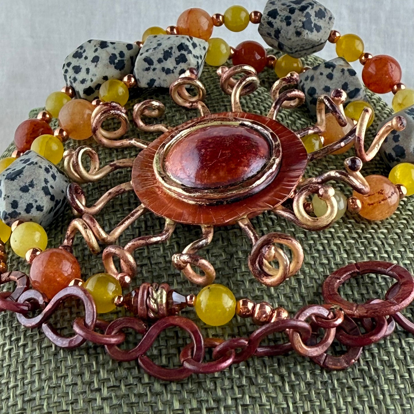 Copper Sunburst Necklace with Yellow Jade, Carnelian, and Jasper