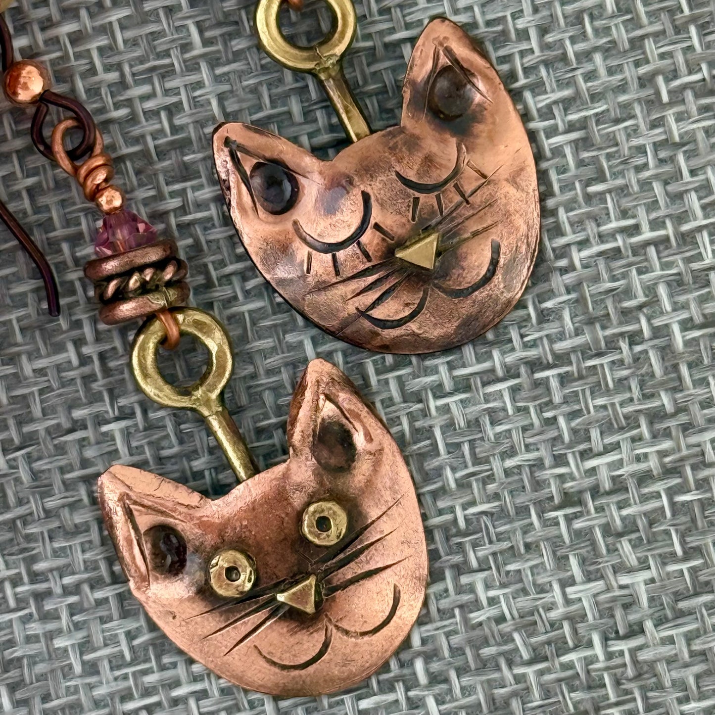 Whimsical Copper Cat Face Earrings with Swarovski Crystals