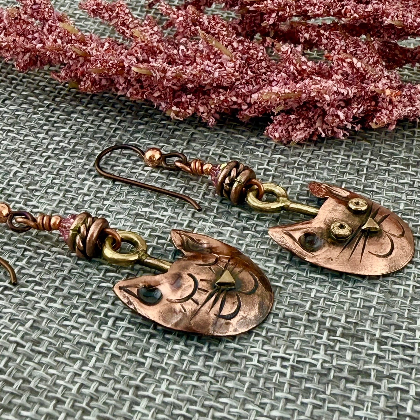 Whimsical Copper Cat Face Earrings with Swarovski Crystals