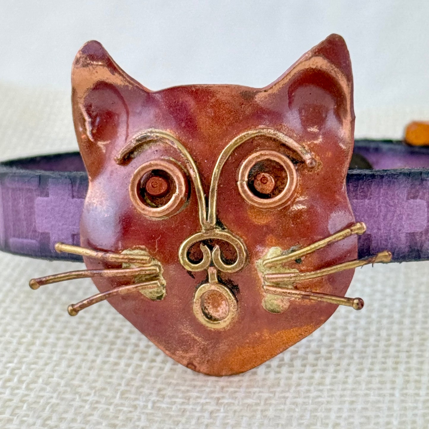 Copper Cat Slider Bracelet on Purple Greek Leather