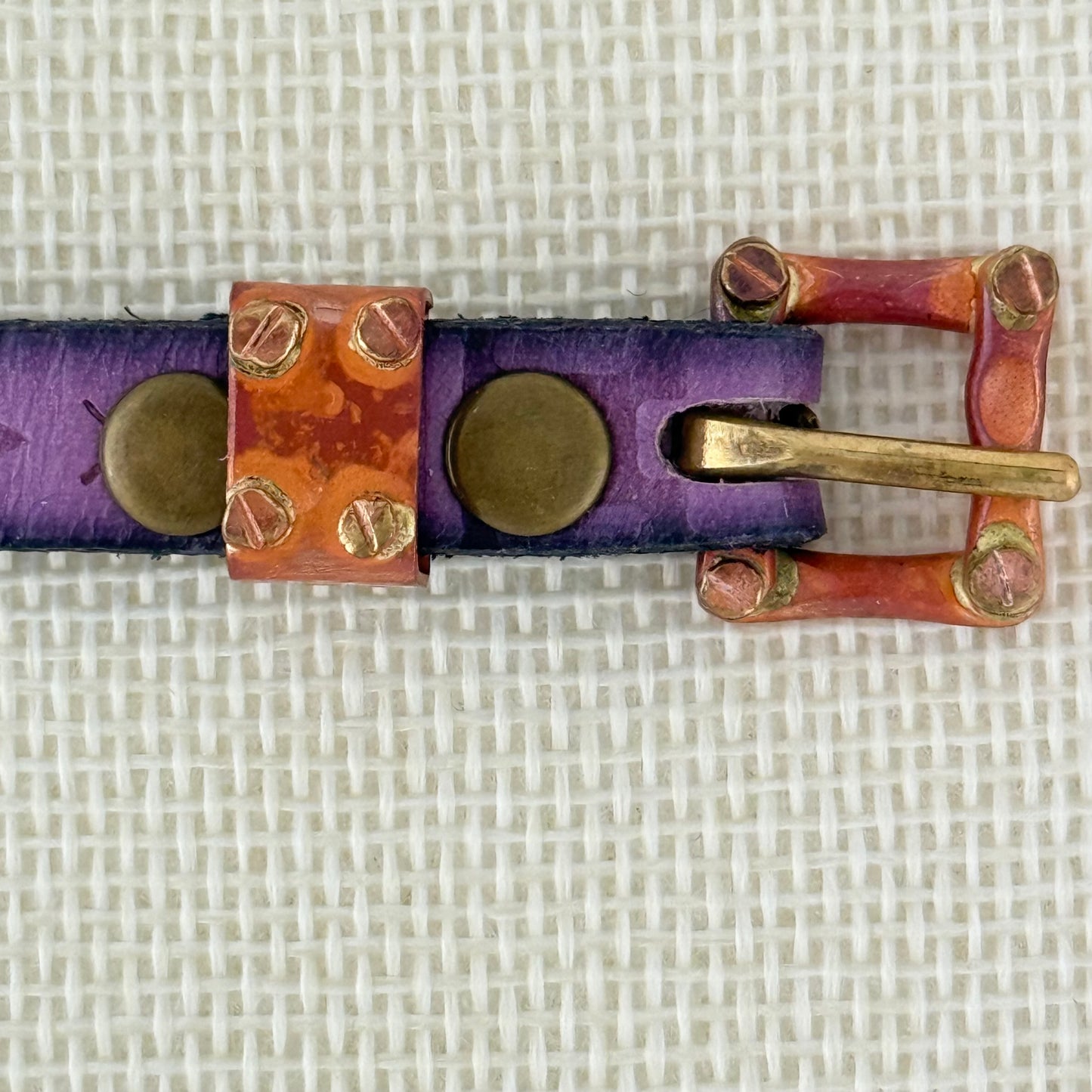 Copper Cat Slider Bracelet on Purple Greek Leather