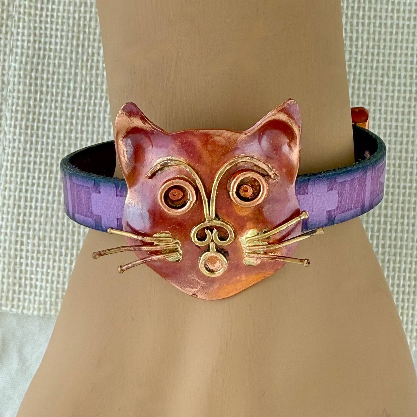 Copper Cat Slider Bracelet on Purple Greek Leather