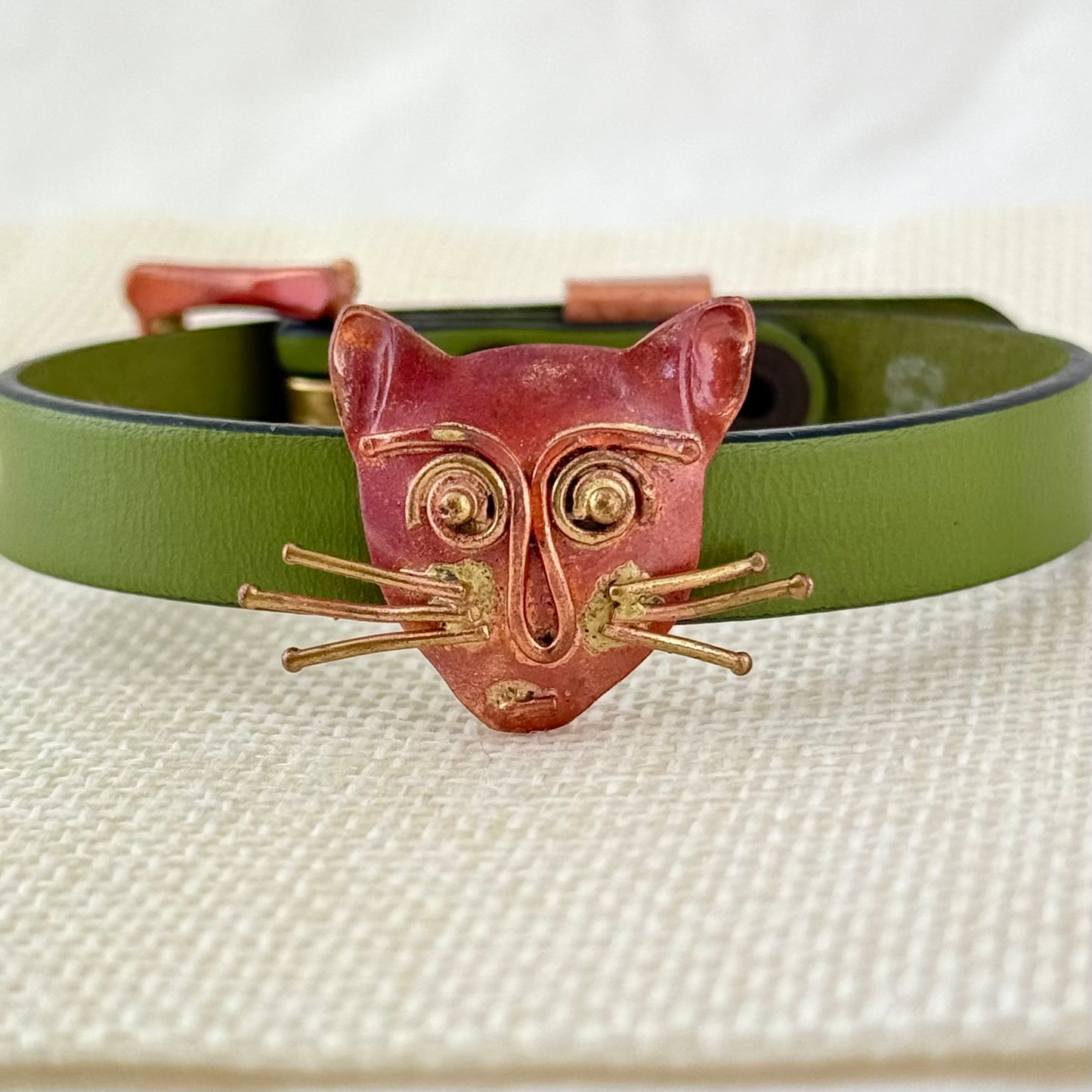Copper Cat Slider Bracelet on Olive Green Leather