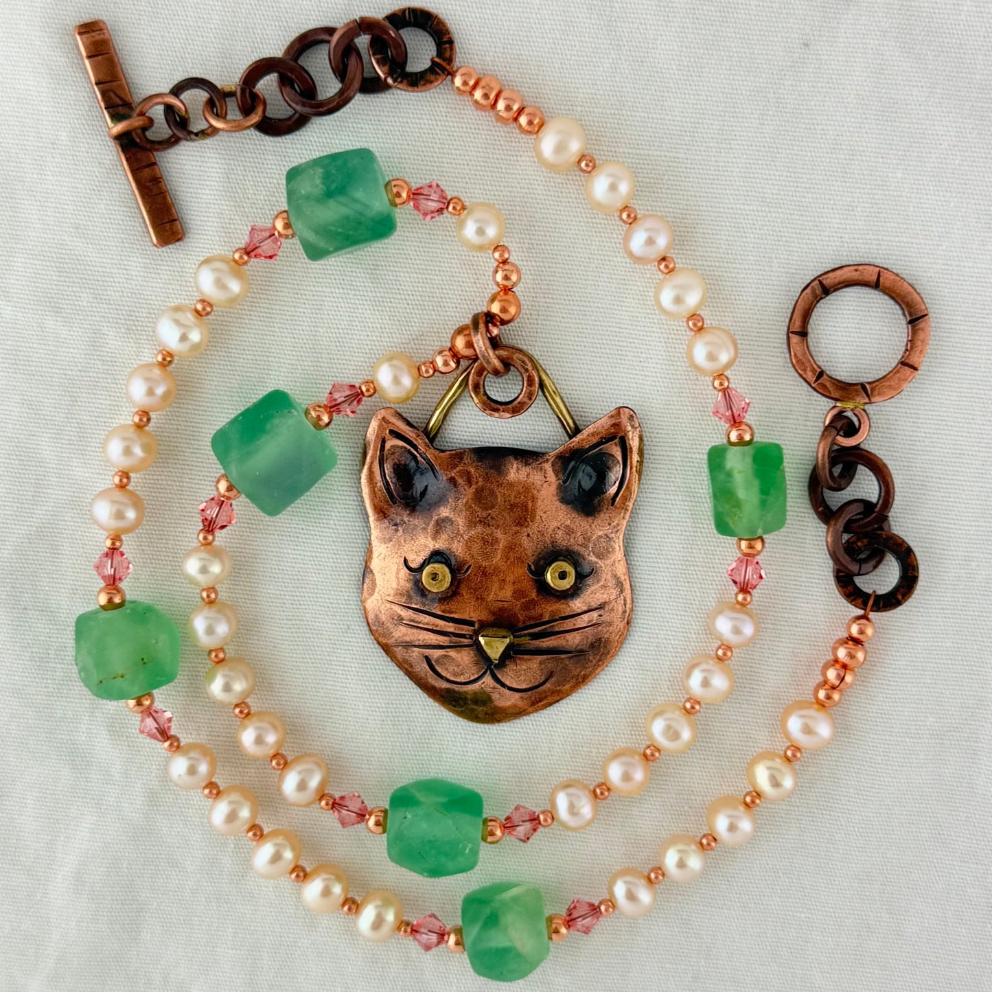Copper Cat Pendant Necklace with Pearls and Fluorite Beads