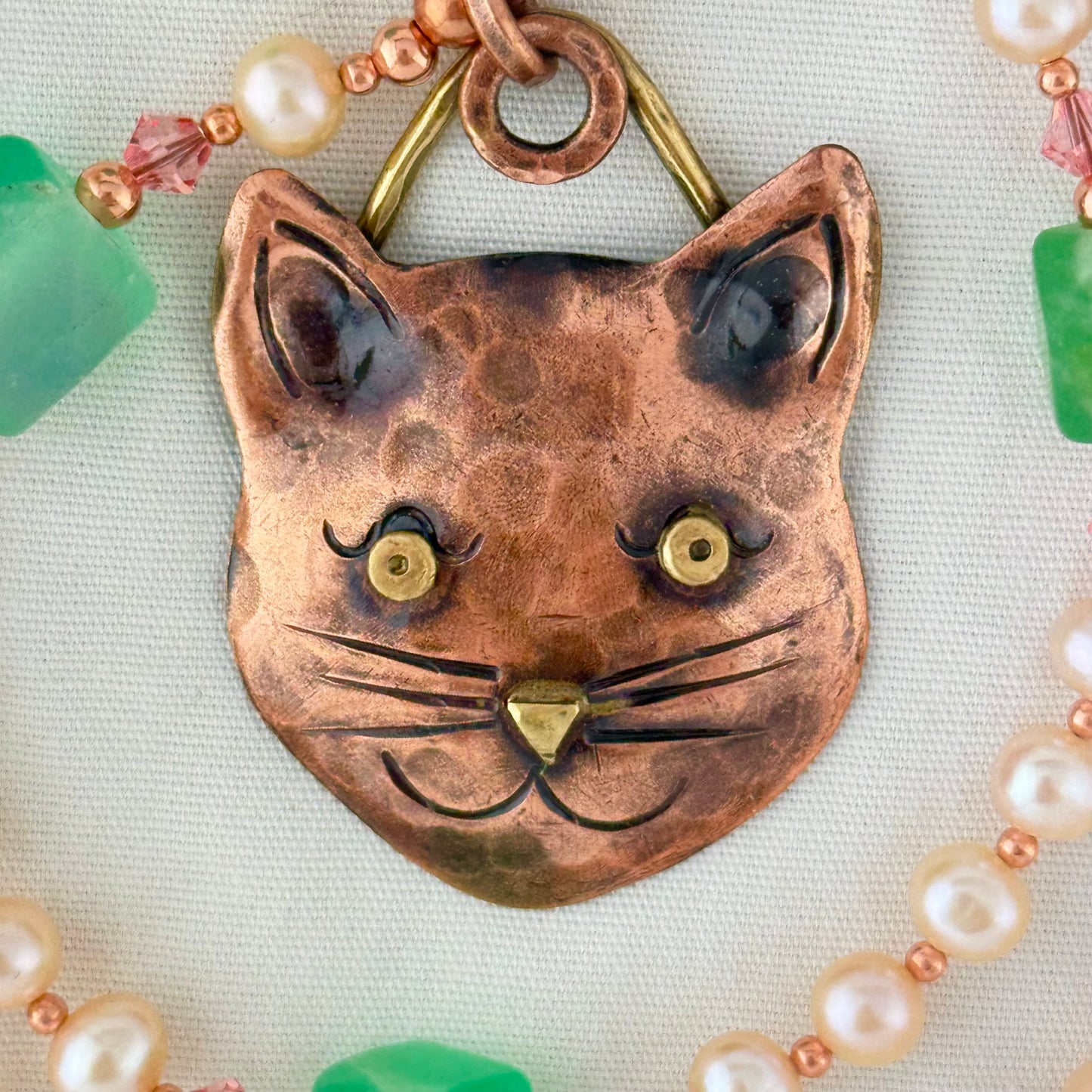Copper Cat Pendant Necklace with Pearls and Fluorite Beads