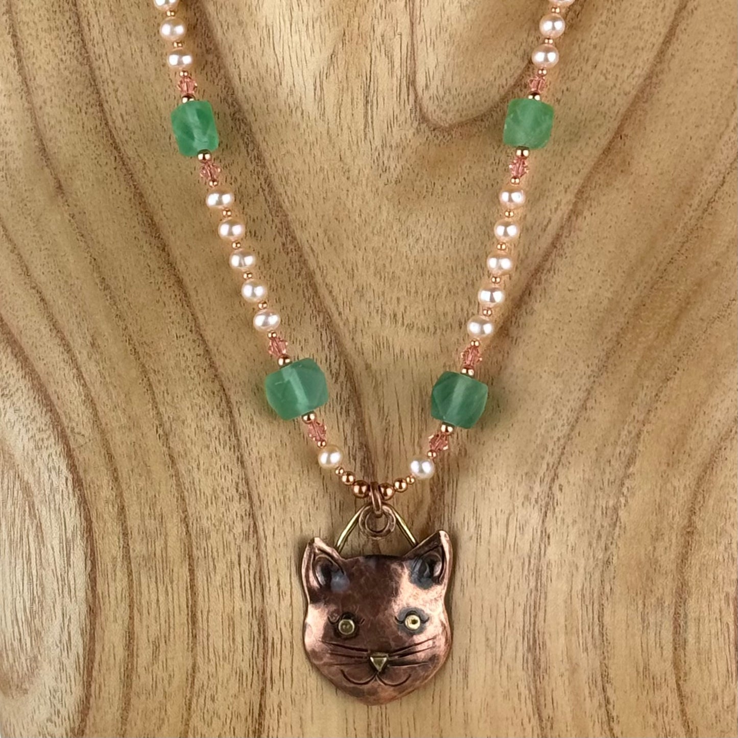 Copper Cat Pendant Necklace with Pearls and Fluorite Beads