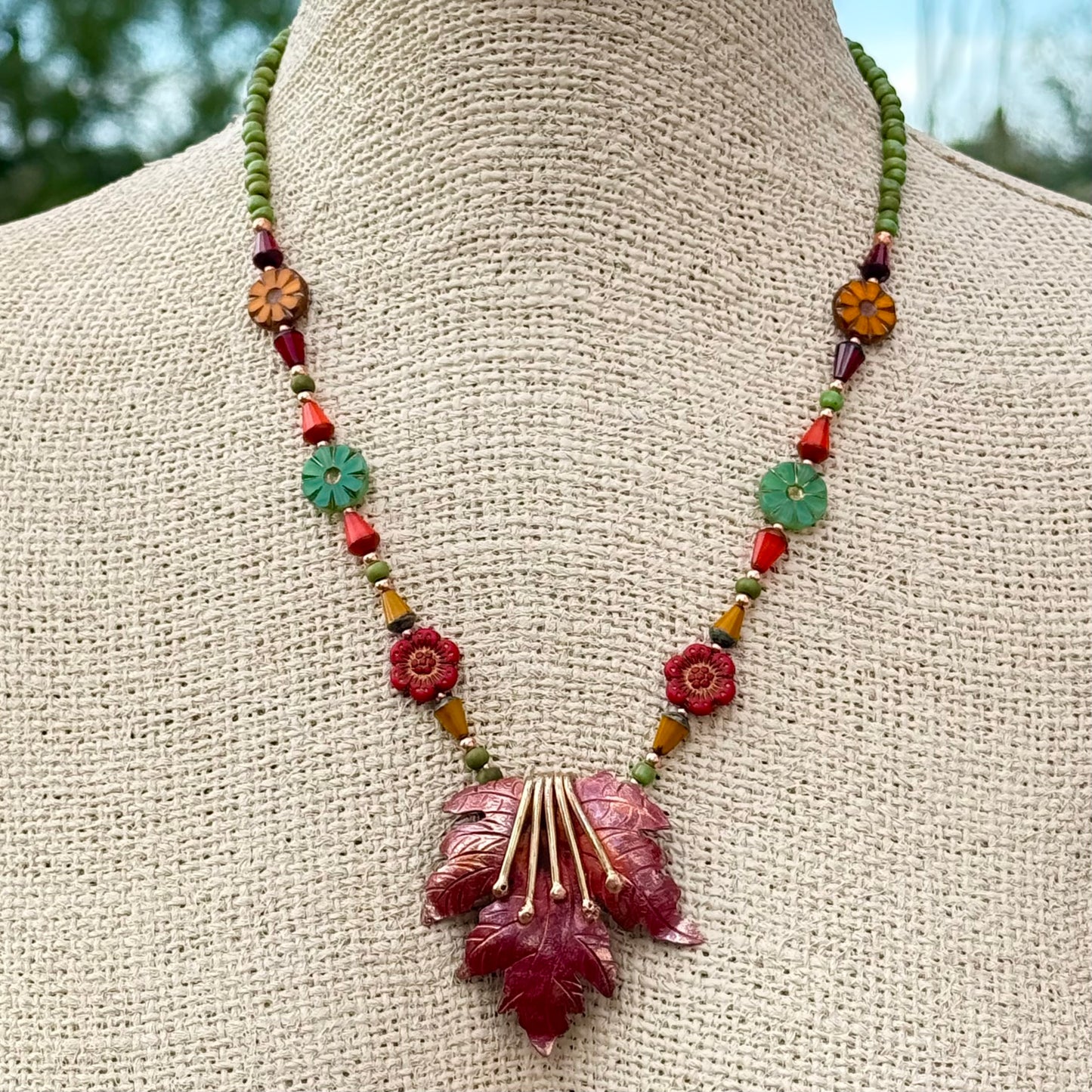 Autumn Maple Leaf Copper Necklace with Brass & Glass Beads