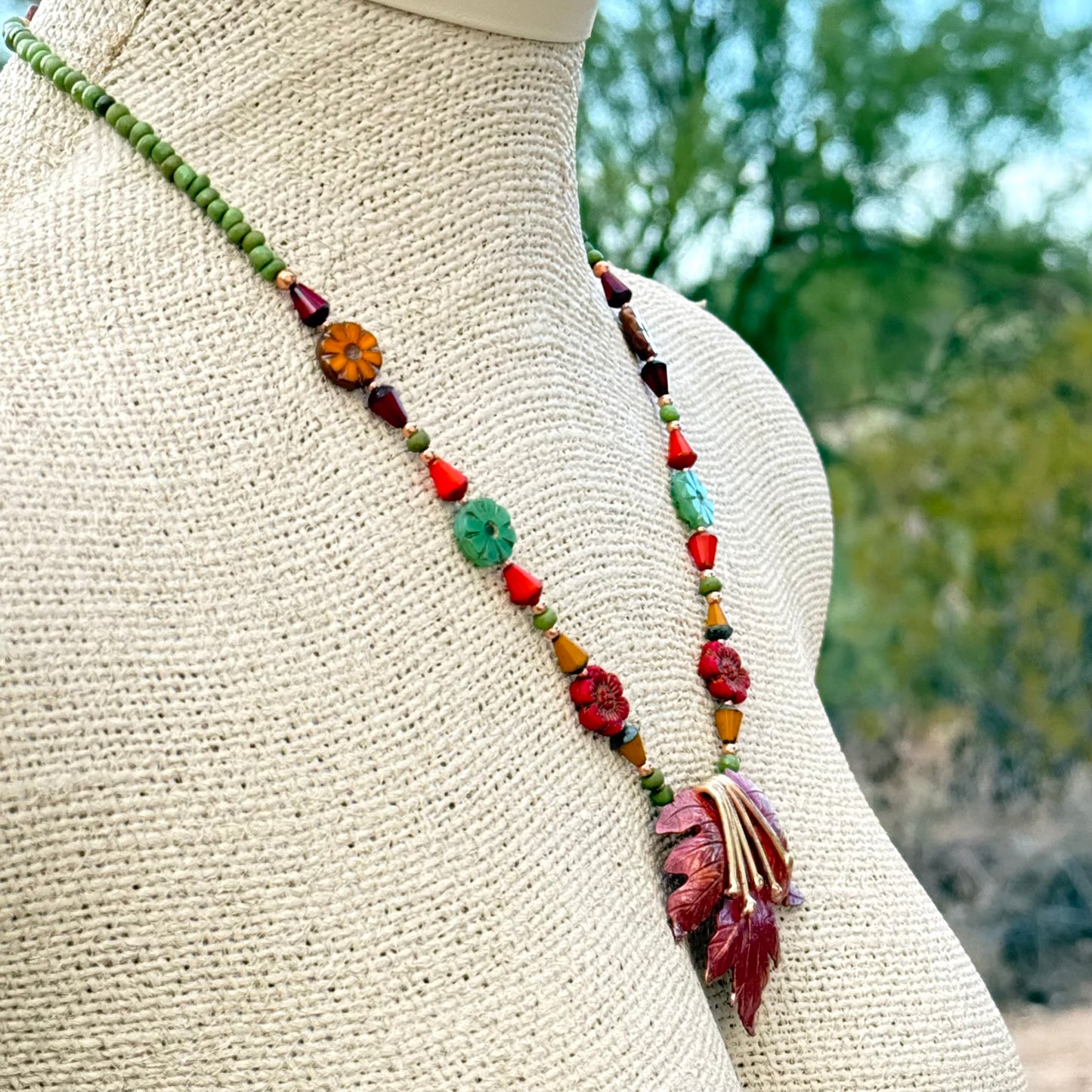 Autumn Maple Leaf Copper Necklace with Brass & Glass Beads