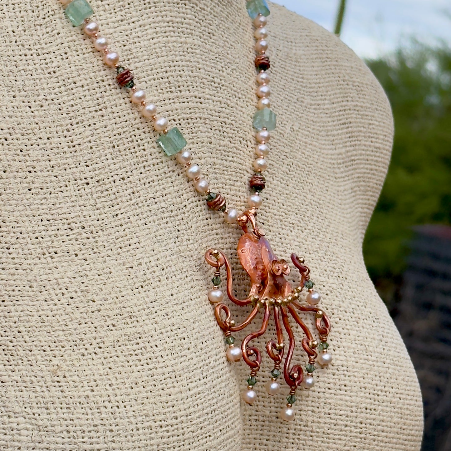 Copper Octopus Necklace with Aquamarine Quartz Crystal, Pearls & Crystals