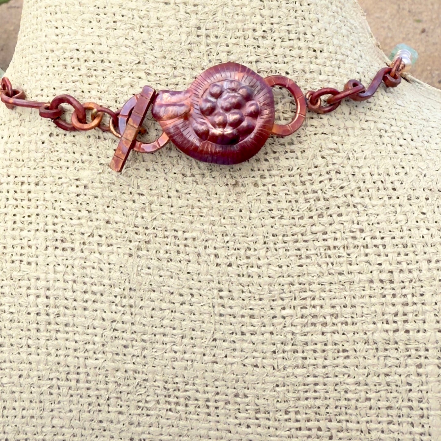 Copper Octopus Necklace with Aquamarine Quartz Crystal, Pearls & Crystals