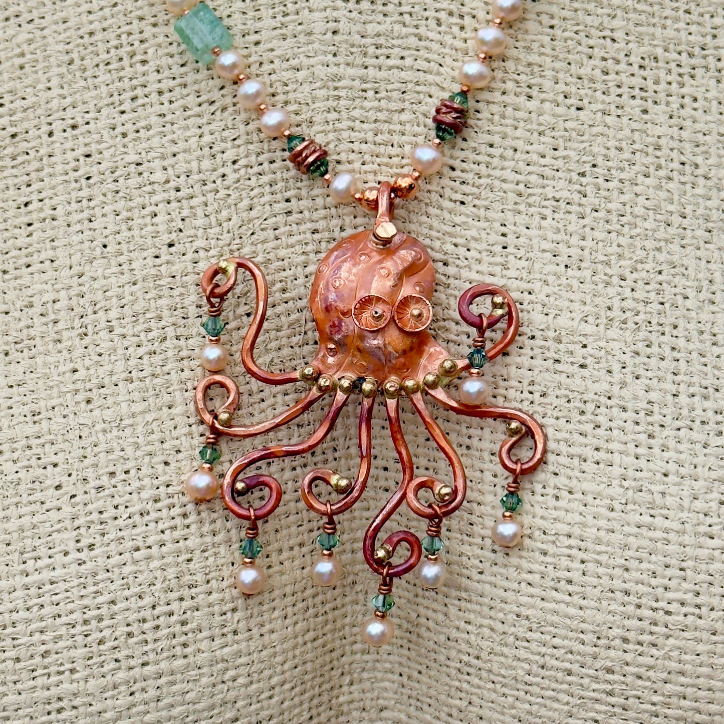 Copper Octopus Necklace with Aquamarine Quartz Crystal, Pearls & Crystals