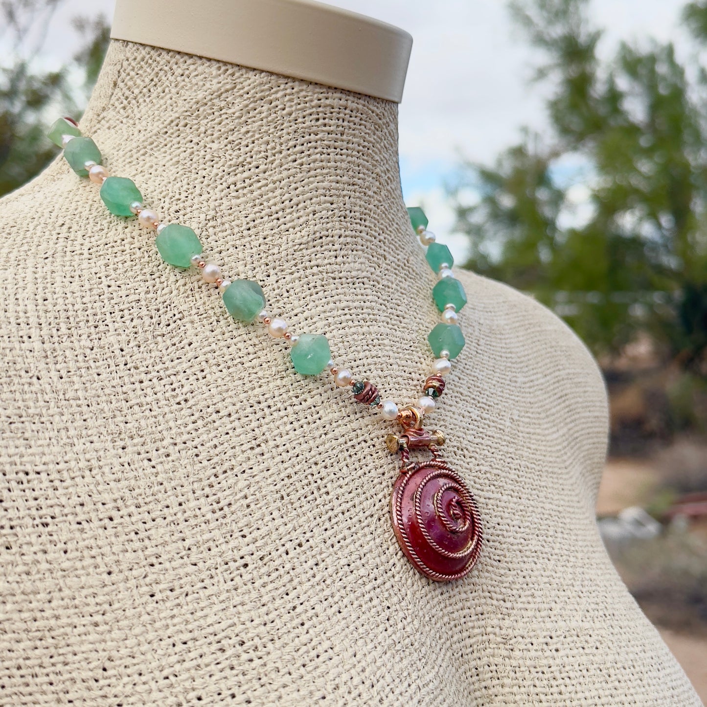 Handmade Copper Spiral Pendant Necklace with African Tourmaline