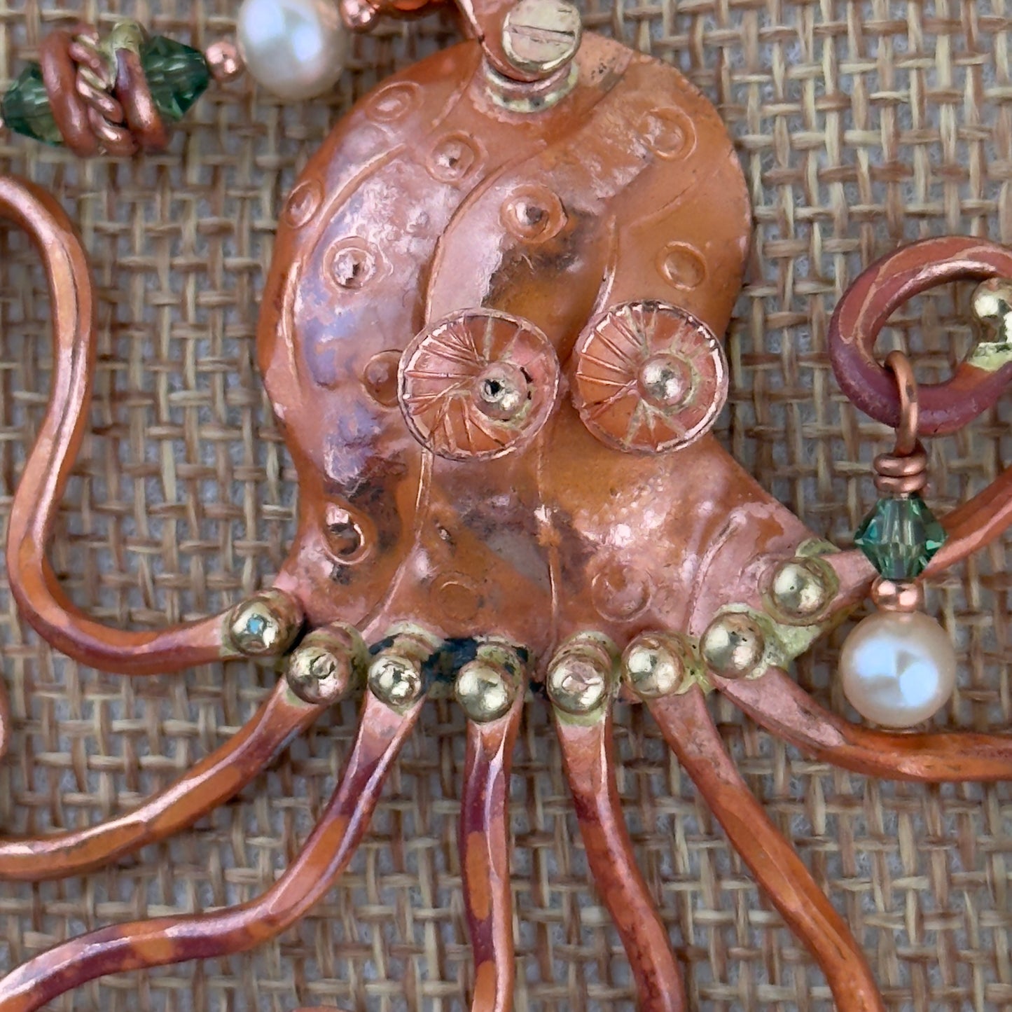Copper Octopus Necklace with Aquamarine Quartz Crystal, Pearls & Crystals