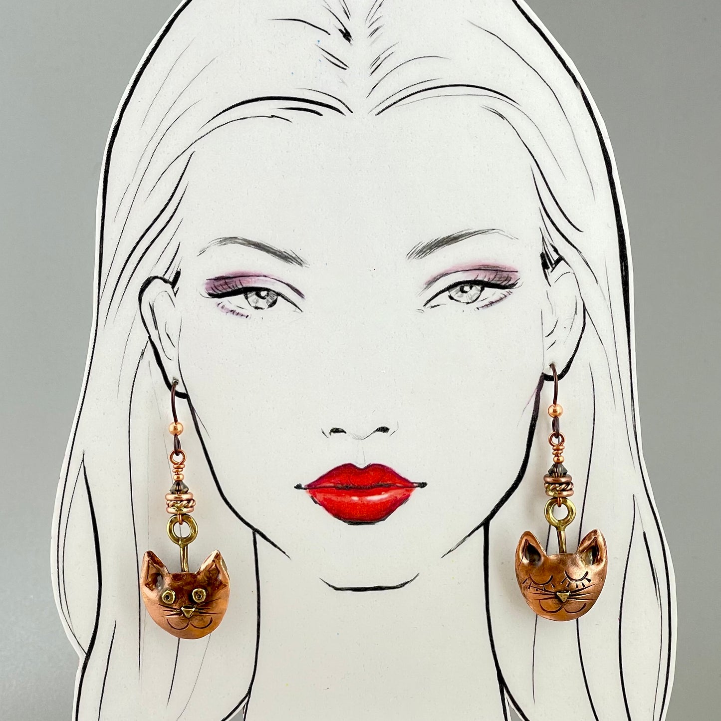 Perky Cat, Sleepy Cat Genuine Copper Earrings