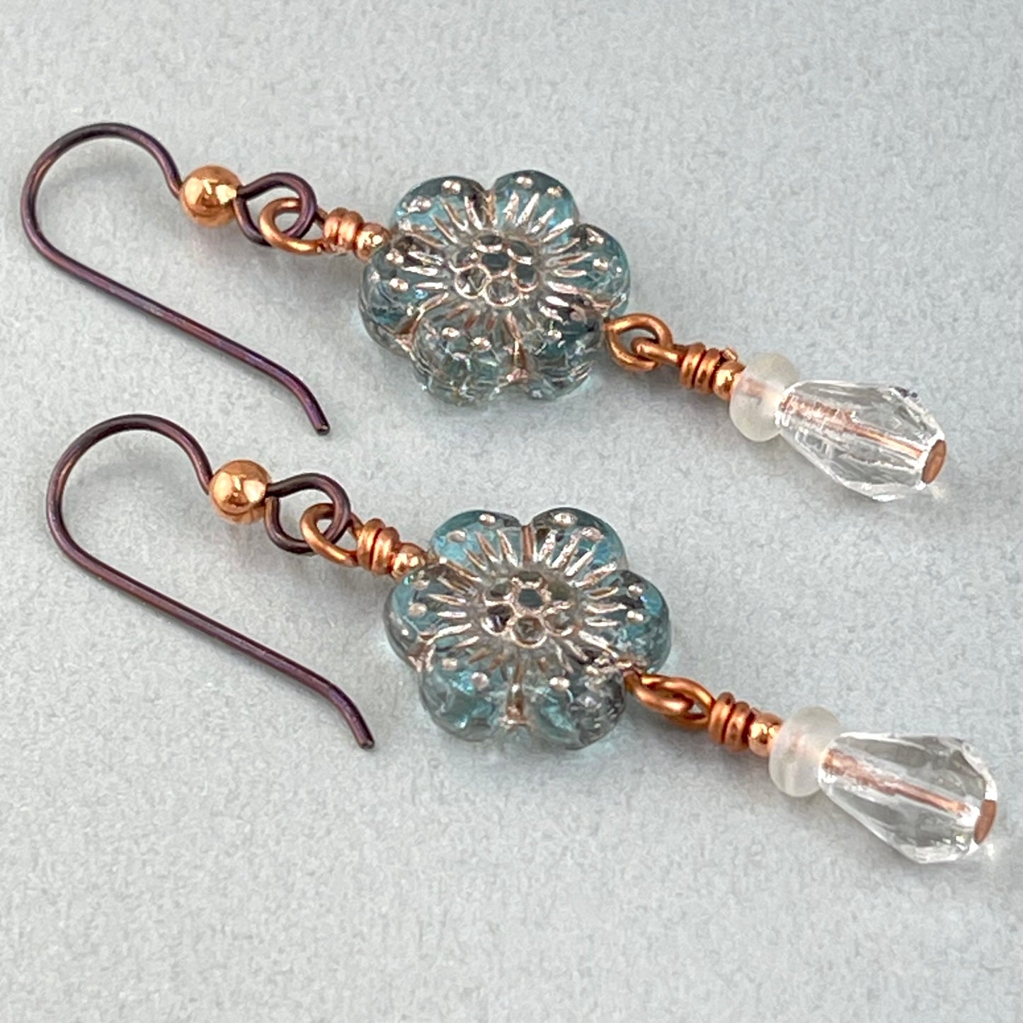 Czech Republic Glass ~ Blue Daisy Dangle Earrings