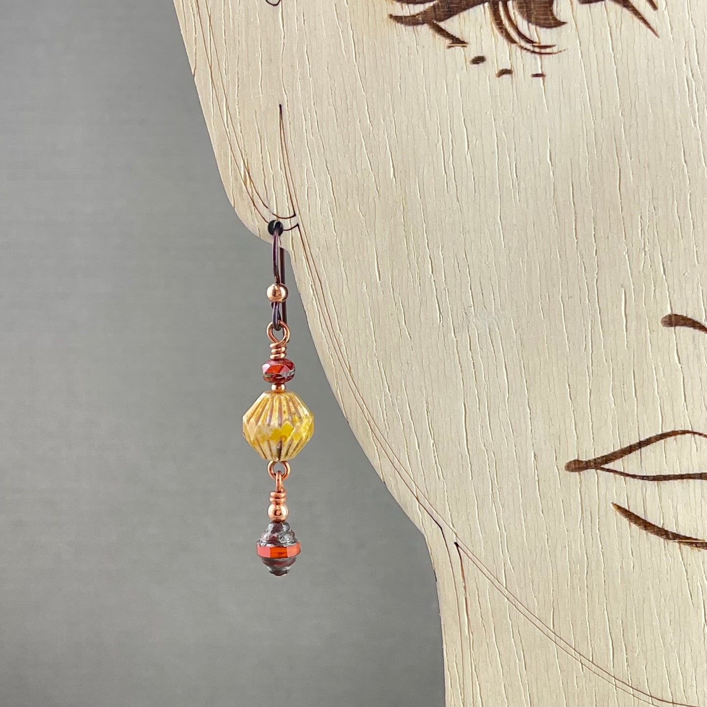 Paprika and Yellow Czech Republic Glass Earrings with Copper by Patricia Healey