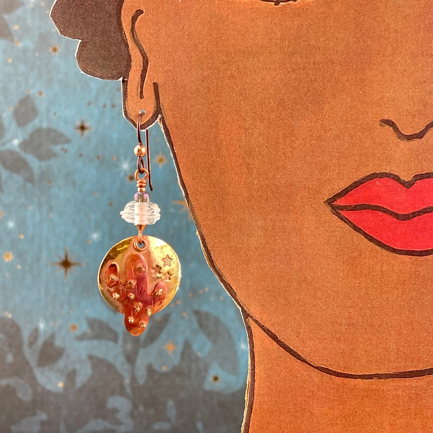 Handcrafted Copper Saguaro Cactus Earrings with Brass Full Moon
