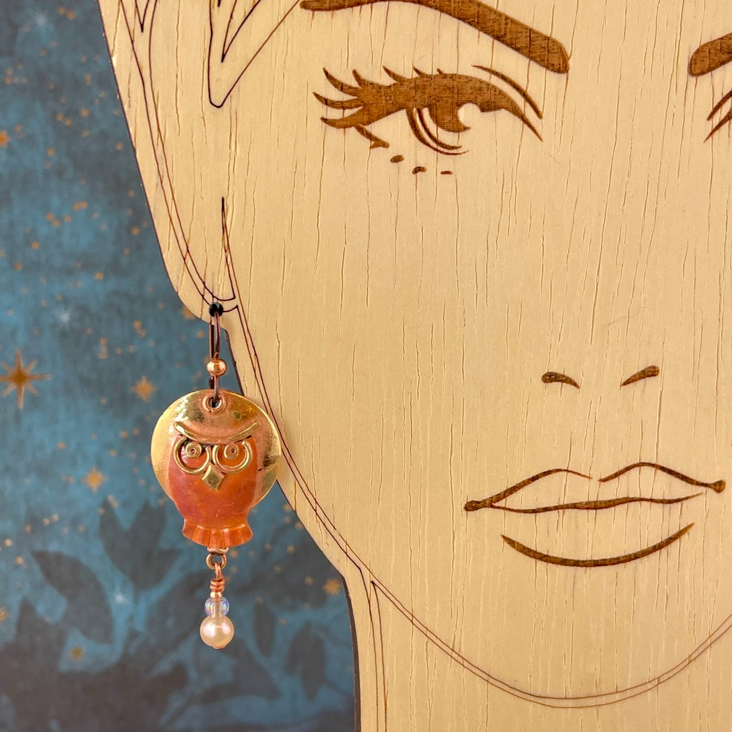 Rustic Copper and Brass Owl Earrings with Cultured Pearls