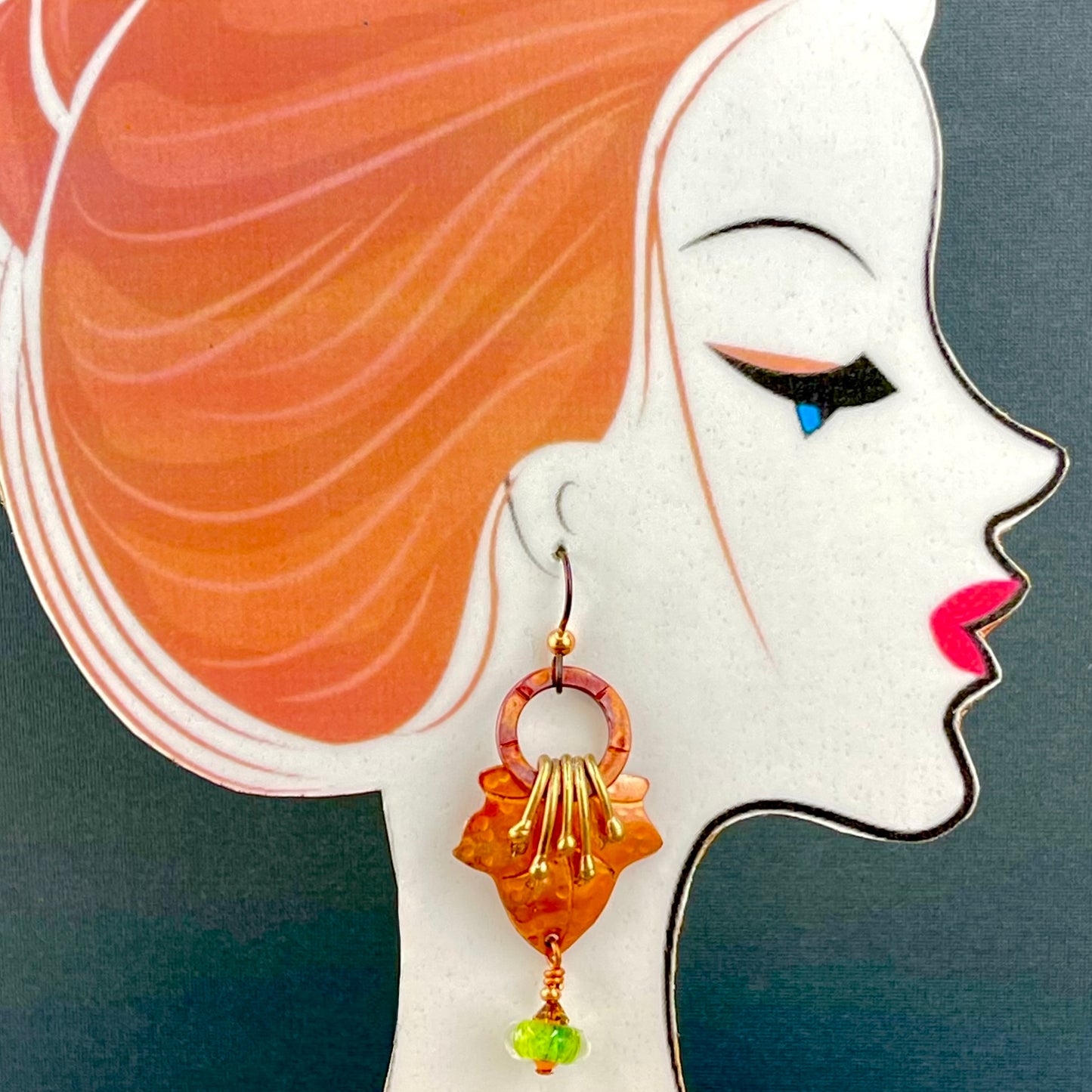 Copper Leaf Earrings with Brass Tendrils and Dichroic Glass Beads