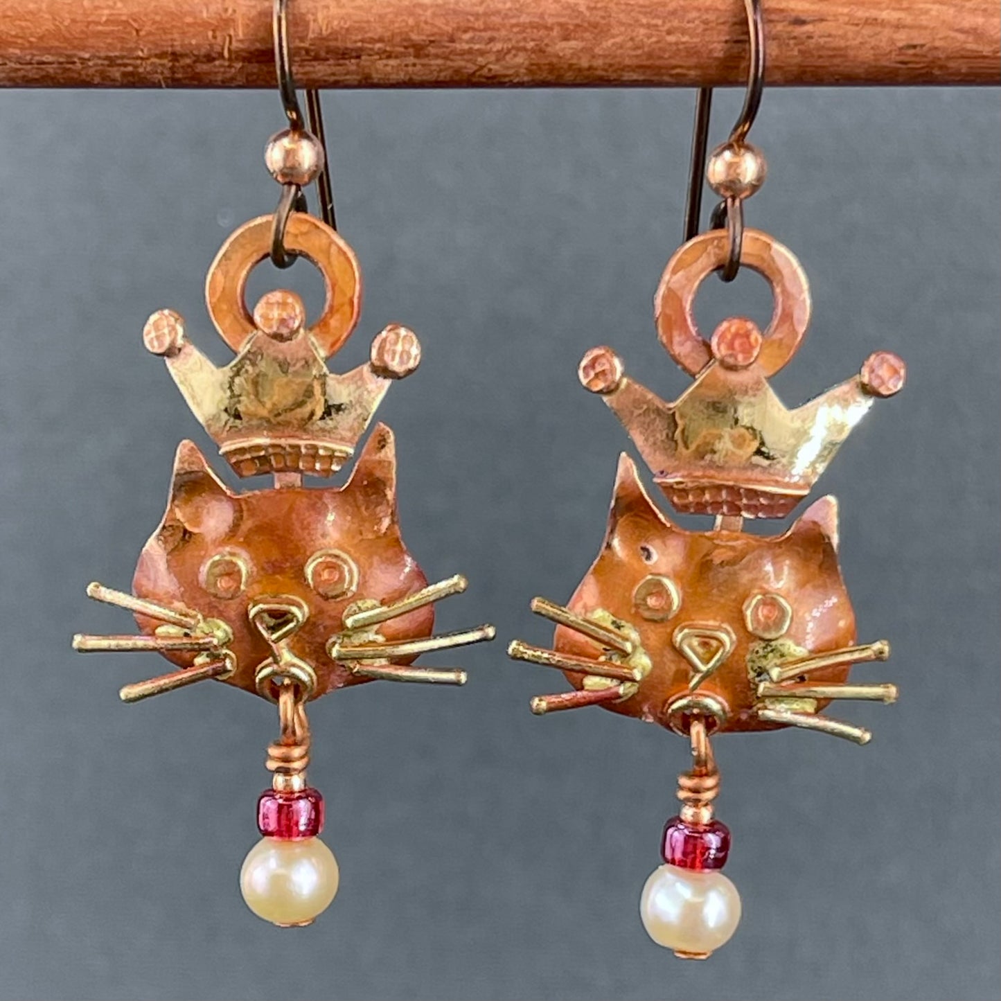 Majestic Queen: Copper and Brass Hand-Crafted Kitty Earrings