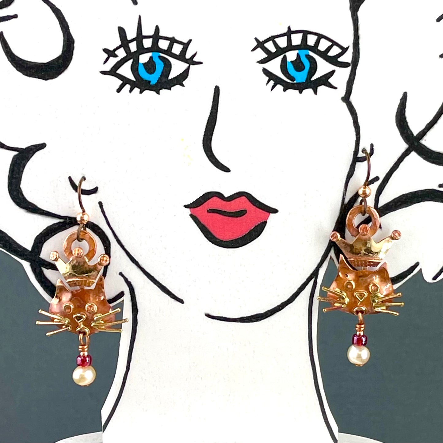 Handcrafted Copper and Brass Kitty Earrings with Cultured Pearls