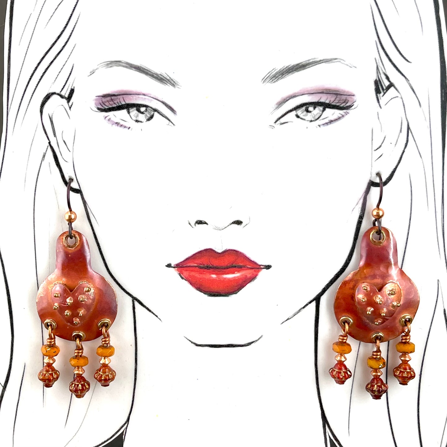 Copper Dangle Earrings with Czech Glass Beads and Textured Heart