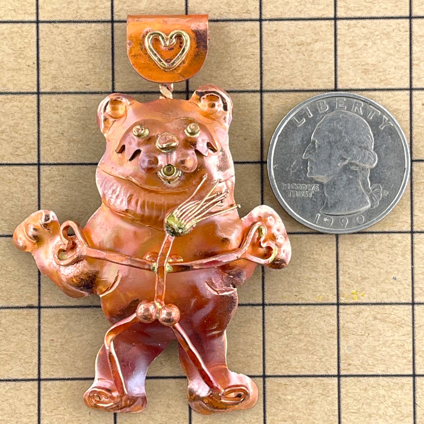 Dancing Bear and Girl Pendant in Copper and Brass by Patricia Healey