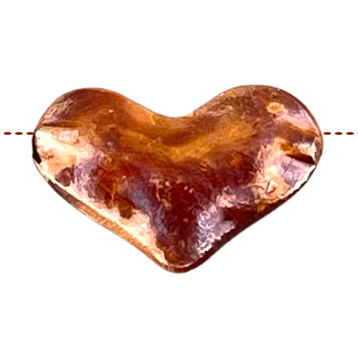 Rounded copper heart bead with red-orange patina, strung horizontally