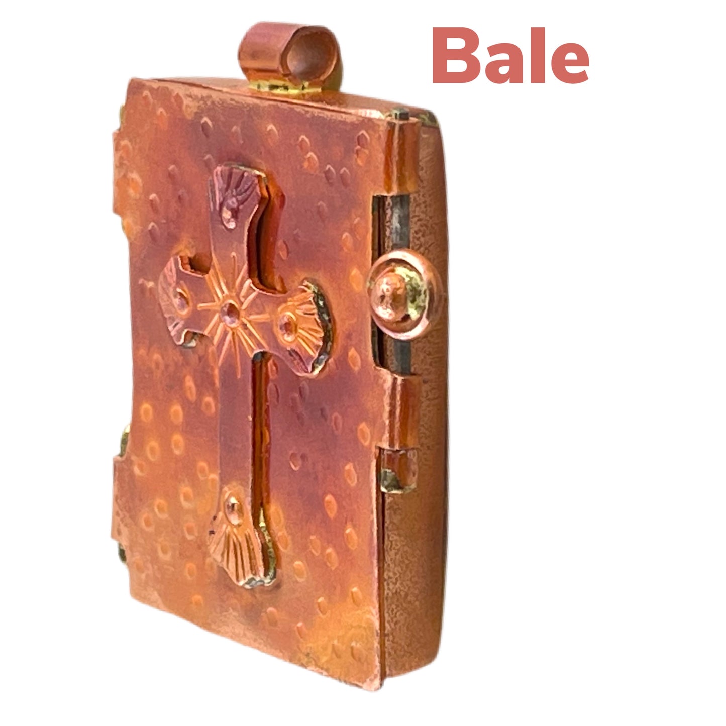 Copper Locket Pendant with Sculpted Cross and Brass Accents