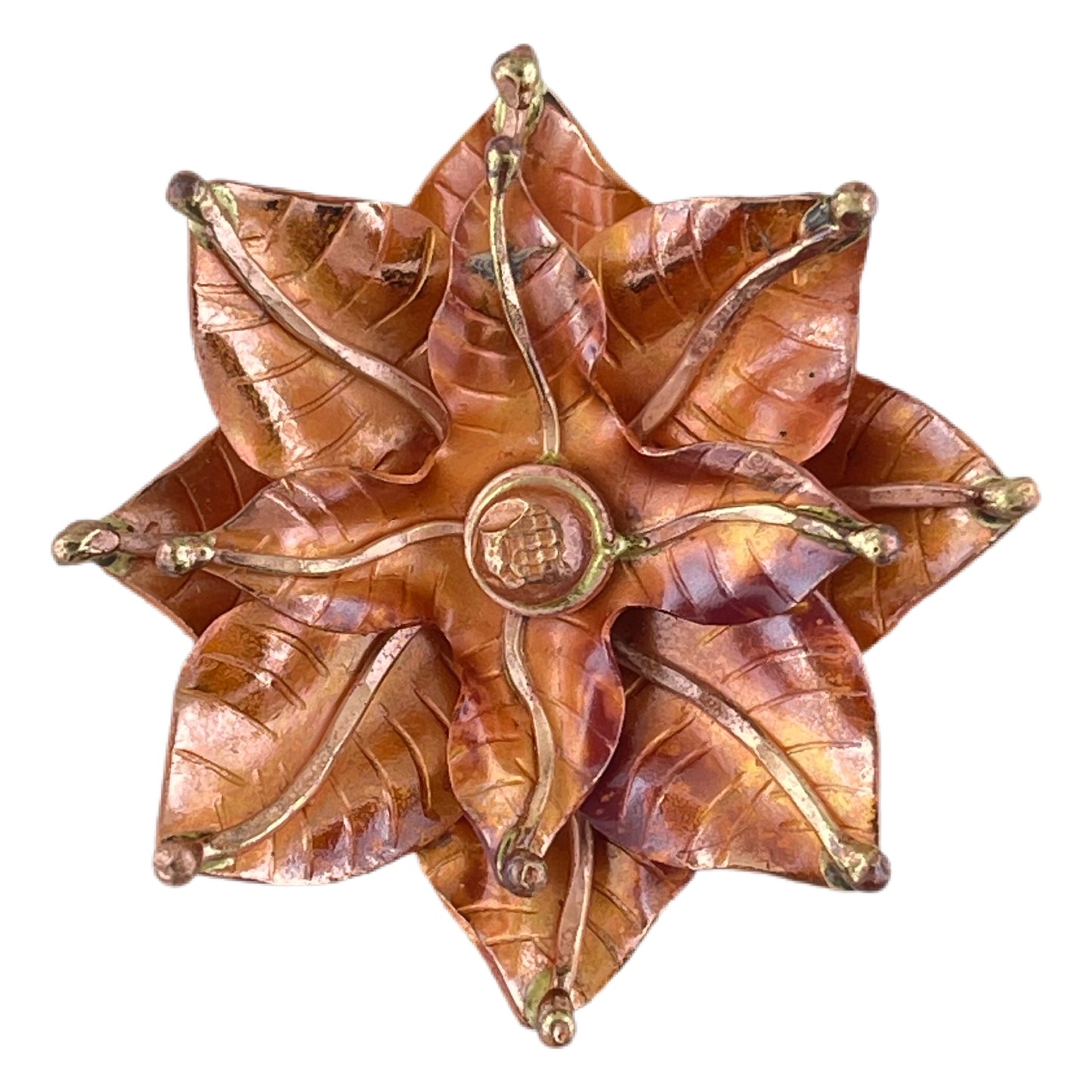 Handmade large three-layer copper flower pendant with repoussé texture, hand-stamped surface, and brass accents by Patricia Healey
