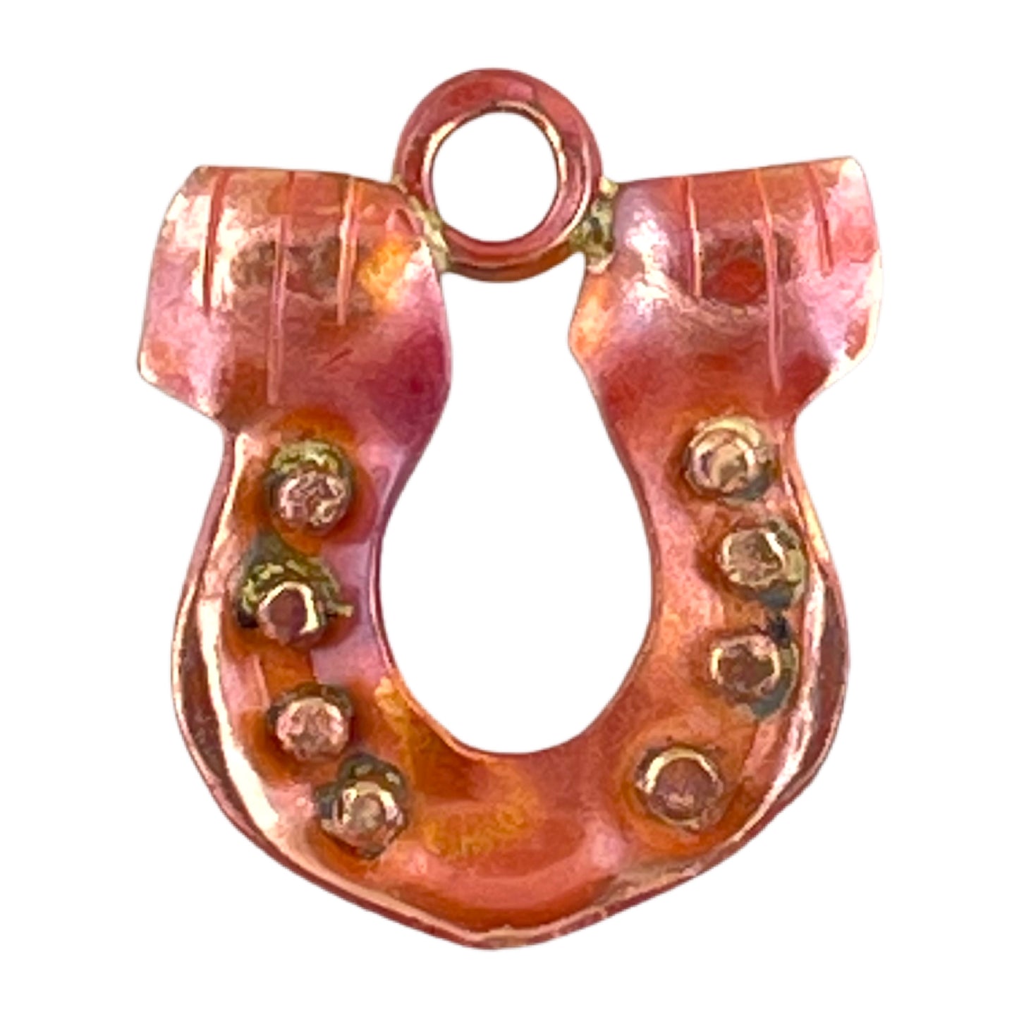 Handcrafted small copper horseshoe charm with brass accents and red flame patina, designed by Patricia Healey for symbolic jewelry making