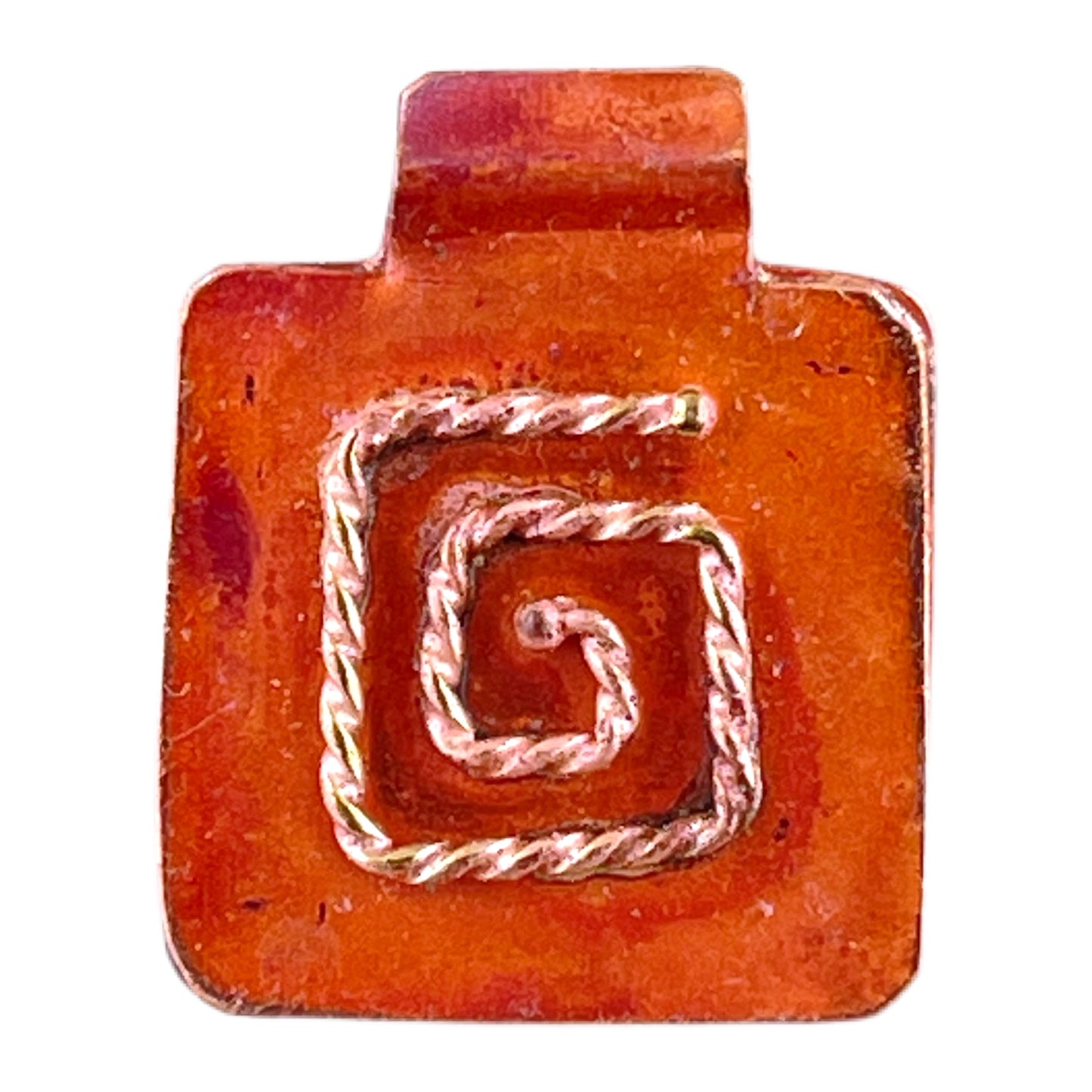 Small mixed metal copper and brass square charm with textured twisted spiral