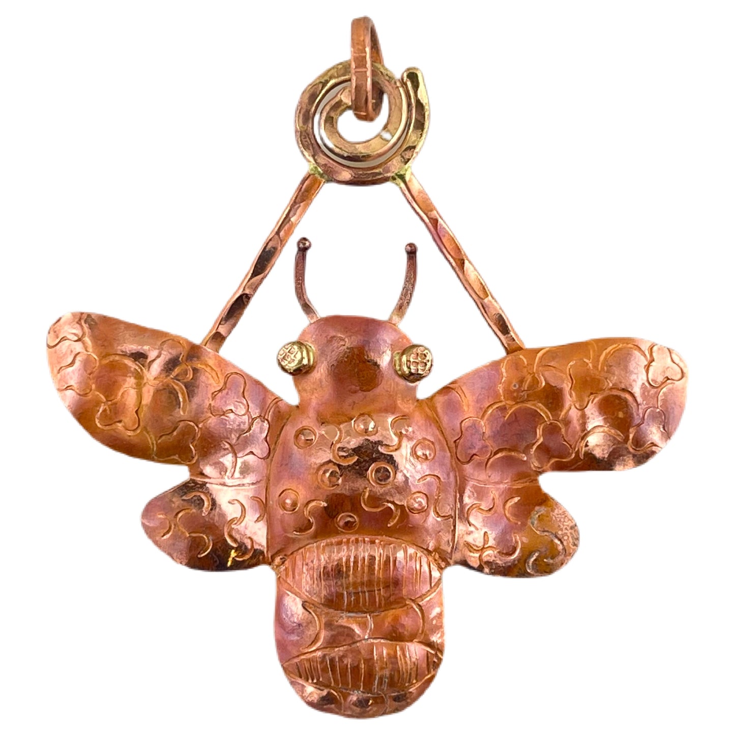Large copper bumblebee pendant with brass eyes, stamped wings, and flame patina