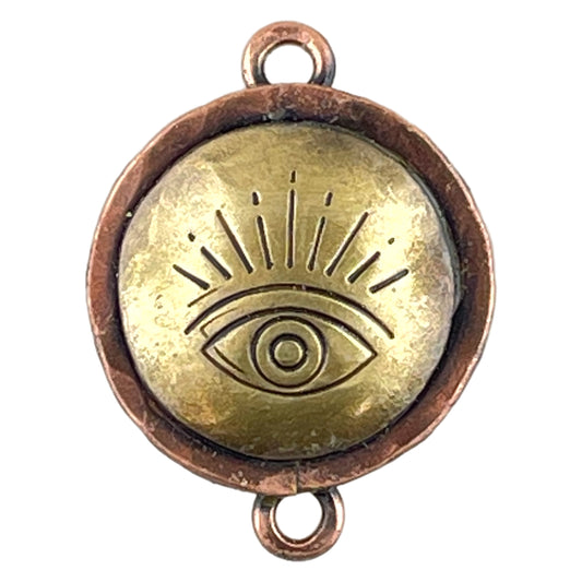 Hand-stamped copper and brass Evil Eye pendant link with domed repoussé design