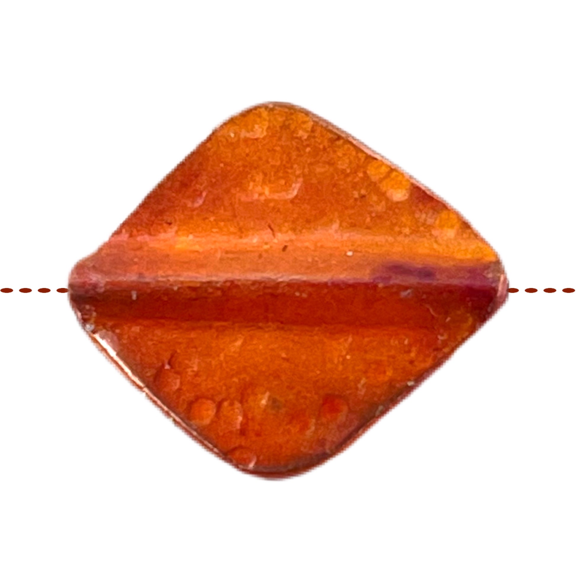 Diamond-shaped copper bead with flame patina in red and orange tones