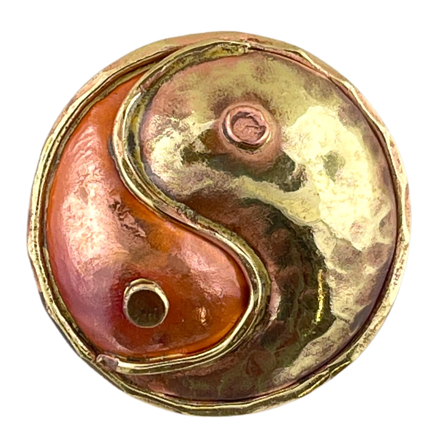 Domed copper yin yang pendant with brass contrast, handcrafted using repoussé and flame-fired in rich red-orange tones by Patricia Healey