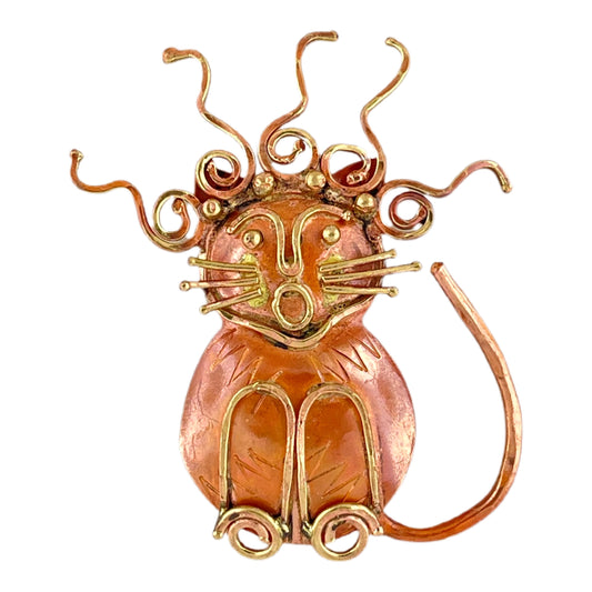 Crazy Haired Cat pendant by Patricia Healey in copper and brass, featuring wild brass hair and a hand-stamped, expressive face.