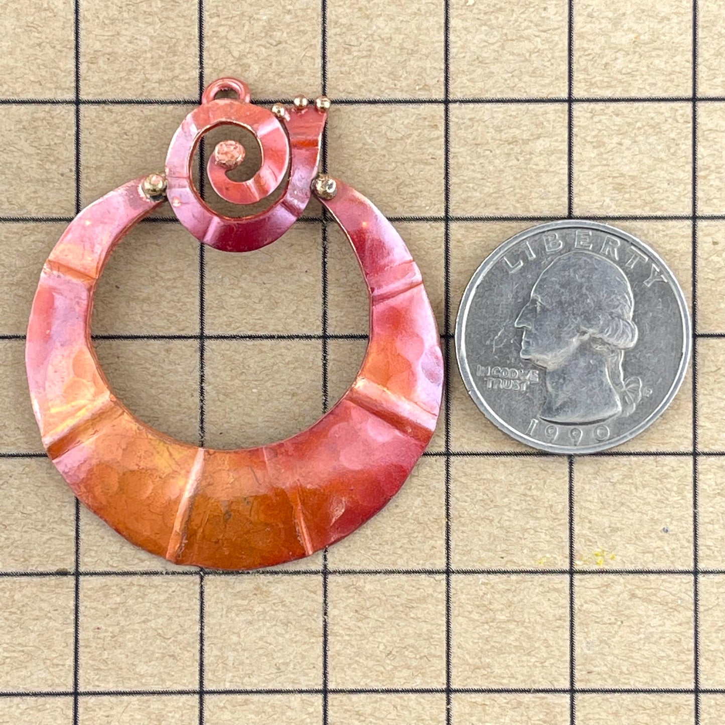 Large Copper Crescent Spiral Pendant with Hammered Texture