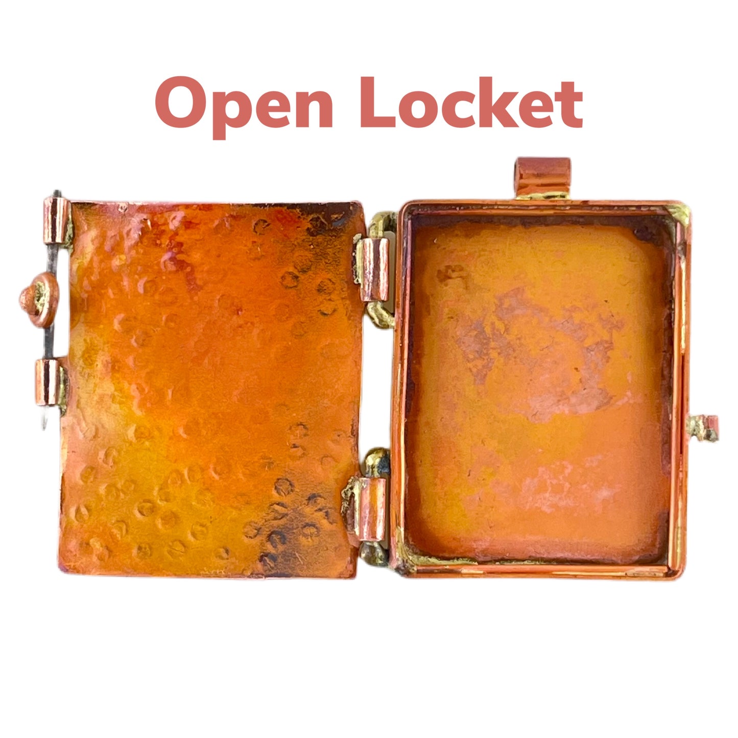 Copper Locket Pendant with Sculpted Cross and Brass Accents