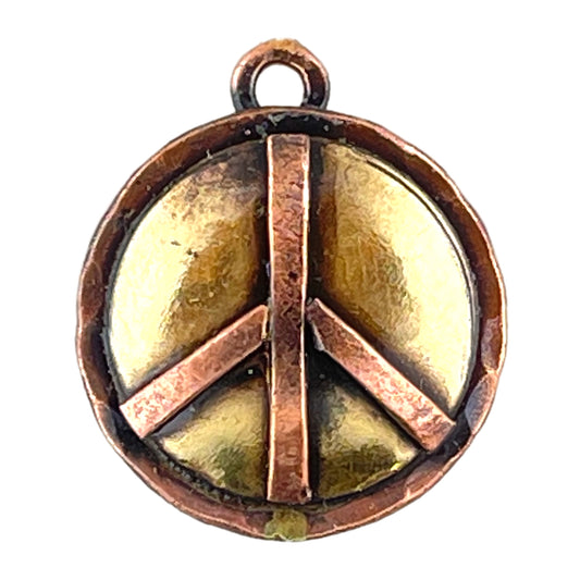 Antiqued copper and brass peace sign charm with hand-crafted domed design and copper accents