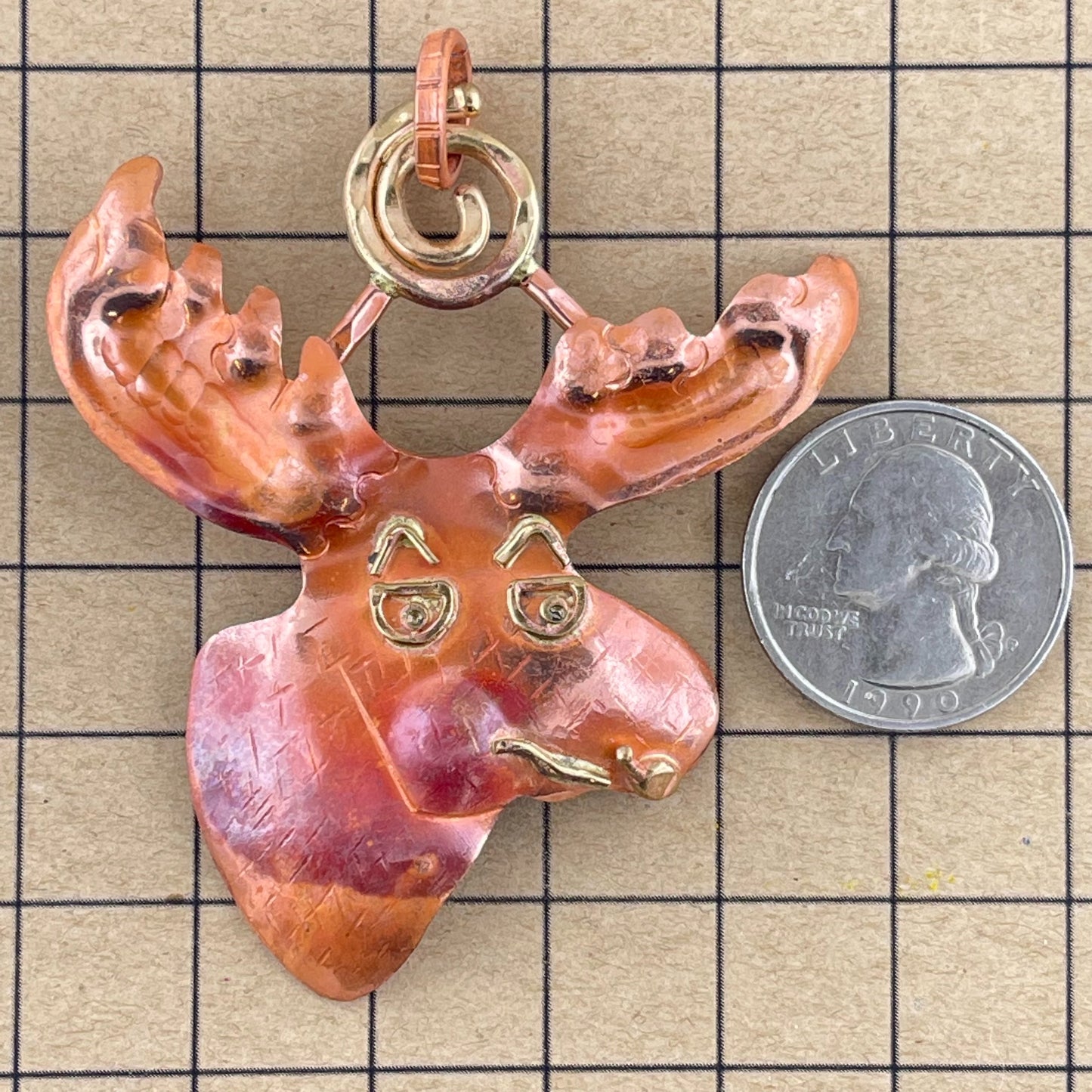 Moose Pendant in Copper and Brass with Spiral Bail