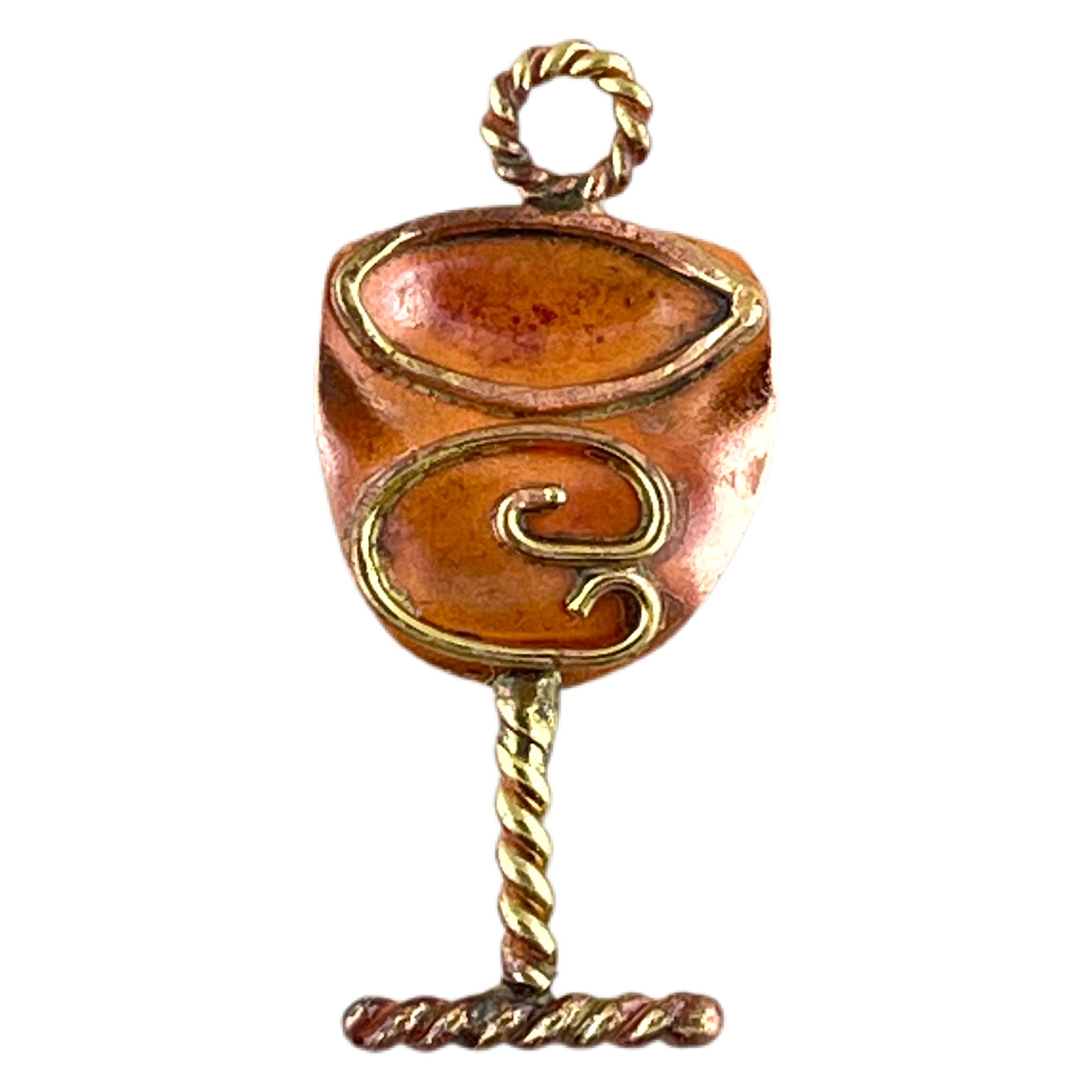 copper wine glass pendant with brass swirl and twisted stem detail