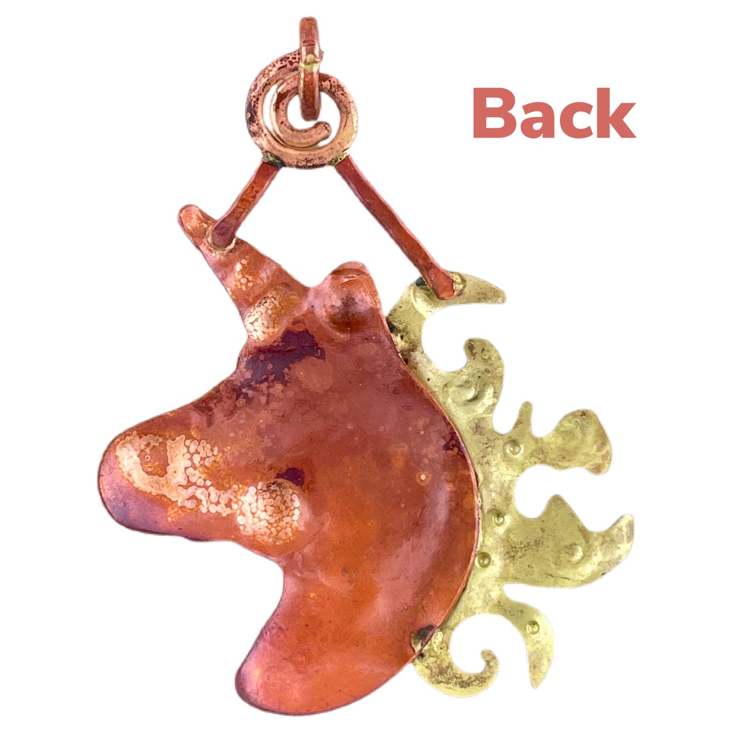 Copper Unicorn Pendant with Brass Accents and Spiral Mane