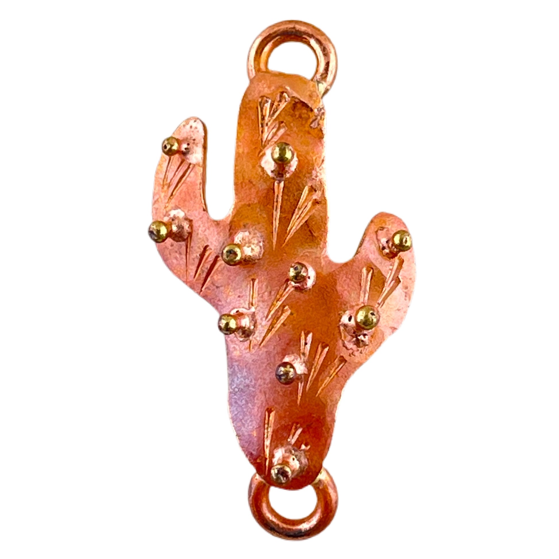 handmade copper saguaro cactus link with tiny brass balls and stamped desert texture