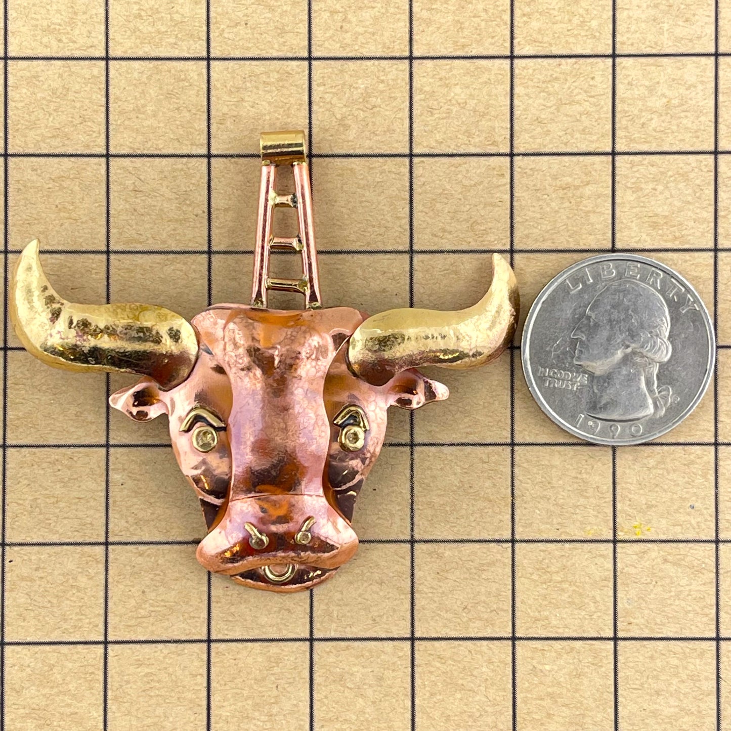Copper Bull Pendant with Brass Horns and Flame Patina